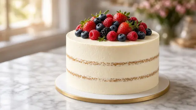 Layered celebration cake topped with fresh berries (illustrative image)