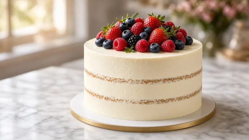Layered celebration cake topped with fresh berries (illustrative image)