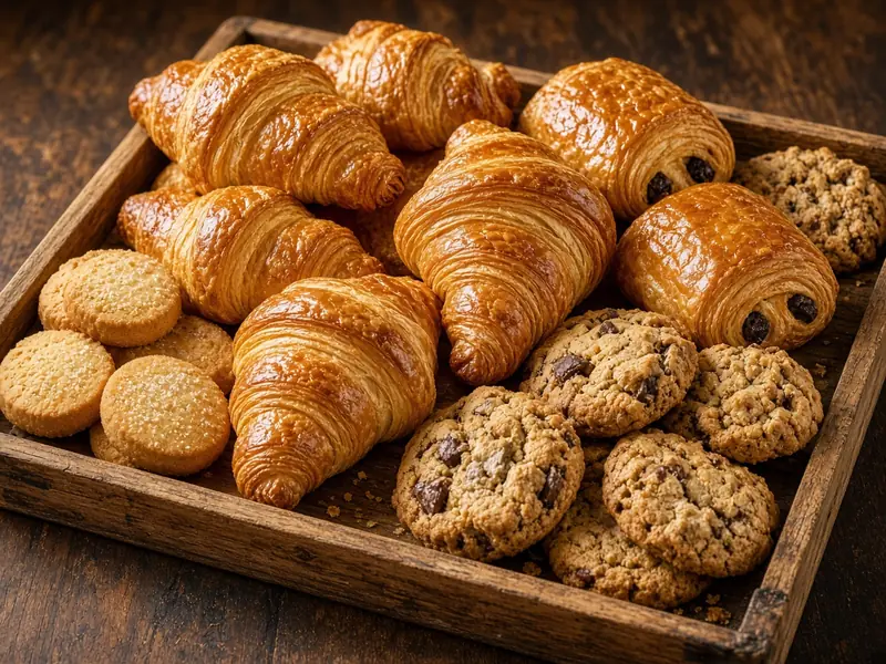 Tray of fresh croissants, pastries and cookies (illustrative image)