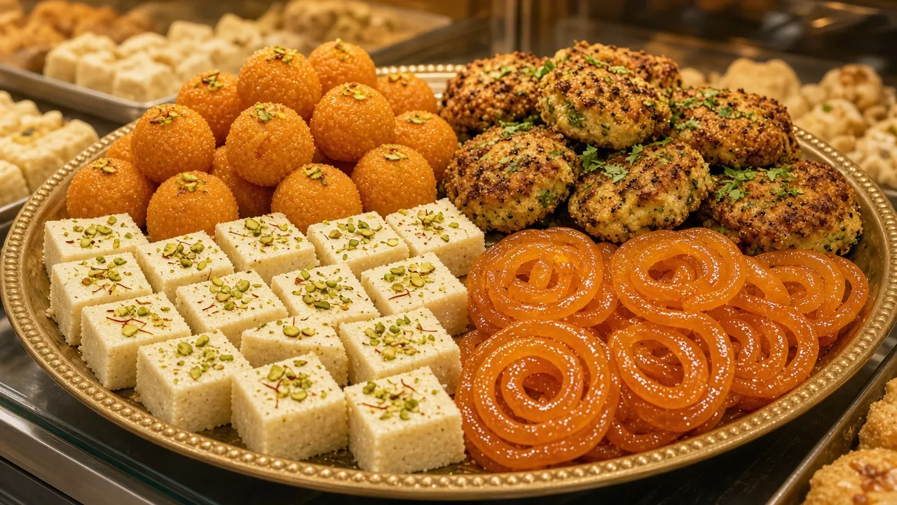 Platter of Indian sweets and baked patties (illustrative image)
