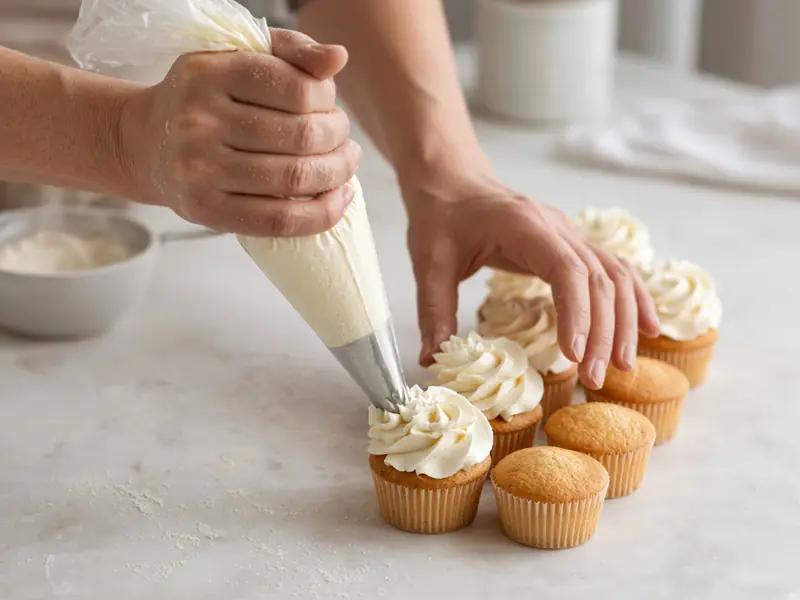 Buttercream being piped onto cupcakes (illustrative image)