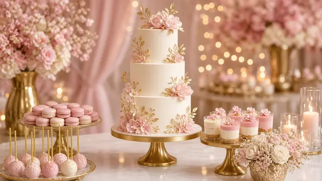Dessert table with a tiered cake, macarons and cake pops (illustrative image)