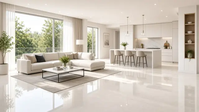 Bright, spotless living room and kitchen (illustrative image)