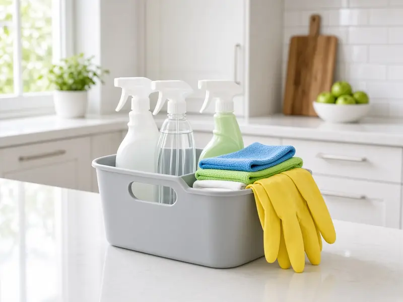 Cleaning caddy with spray bottles, cloths and gloves (illustrative image)
