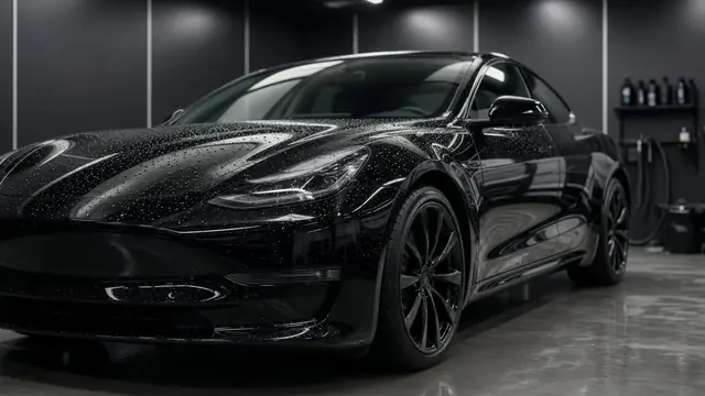 Glossy black car with water beading on the paint (illustrative image)