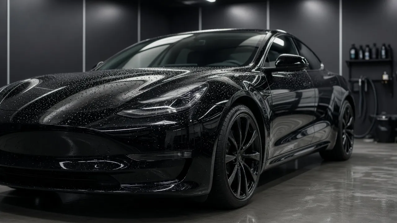 Glossy black car with water beading on the paint (illustrative image)