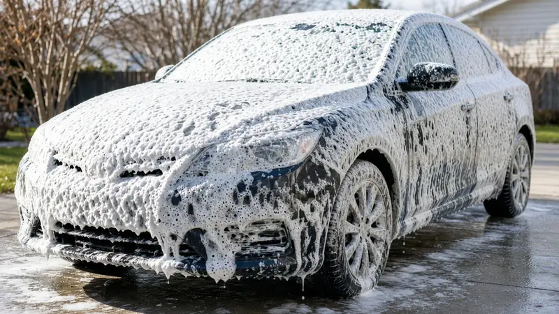 Car covered in snow foam during a hand wash (illustrative image)