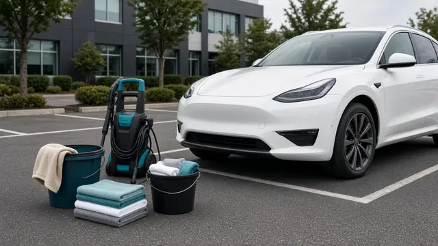 Mobile detailing equipment beside a white SUV (illustrative image)
