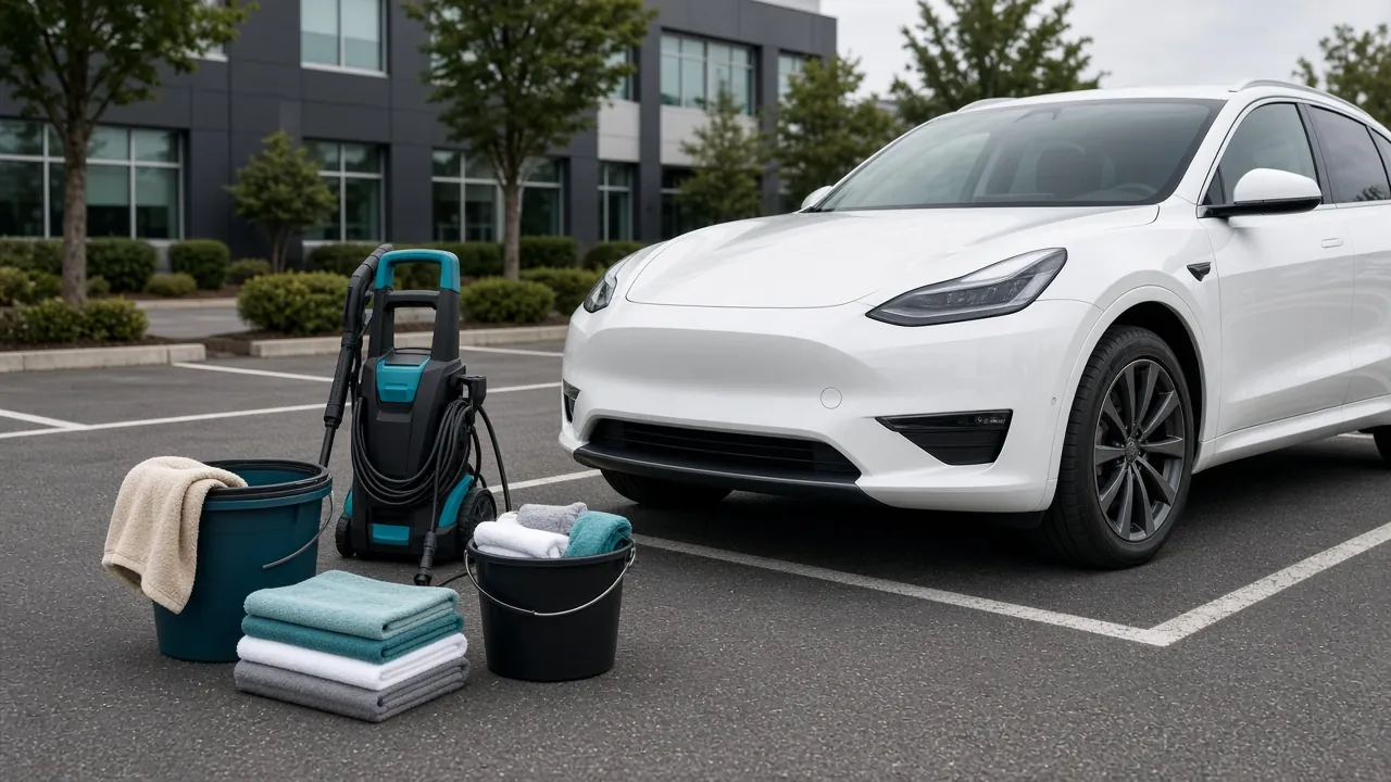 Mobile detailing equipment beside a white SUV (illustrative image)