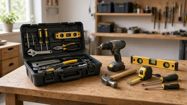 Handyman tools laid out on a workbench (illustrative image)