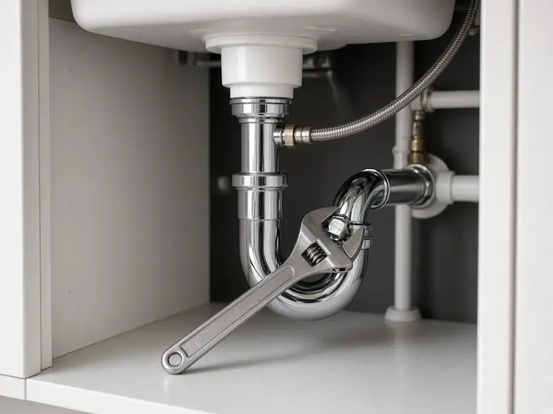 Under-sink plumbing with an adjustable wrench (illustrative image)