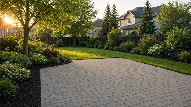 Interlocking stone patio in a landscaped backyard (illustrative image)