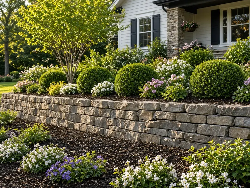 Stone retaining wall with mulched flower beds (illustrative image)