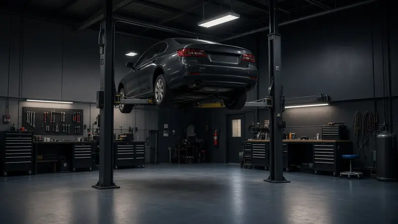Car raised on a lift in a repair garage (illustrative image)