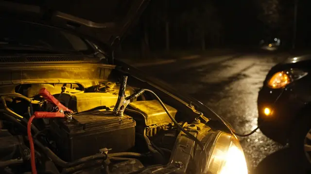 Jumper cables on a car battery at night (illustrative image)