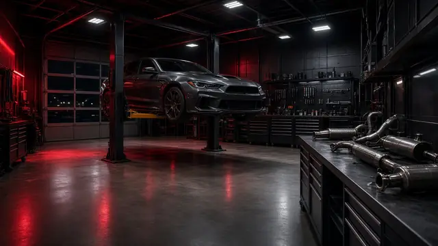 Performance repair shop with a car on a lift (illustrative image)