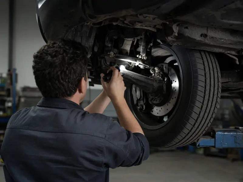 Mechanic inspecting suspension with a flashlight (illustrative image)
