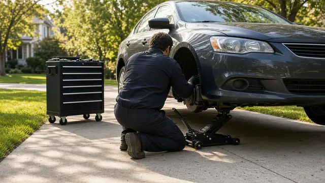 Mechanic working on a car in a driveway (illustrative image)