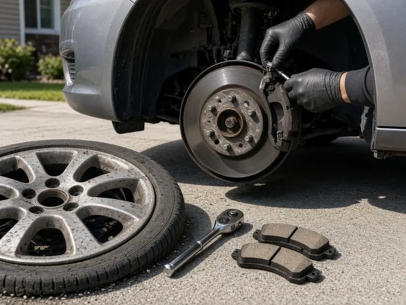 Brake job on a car in a residential driveway (illustrative image)