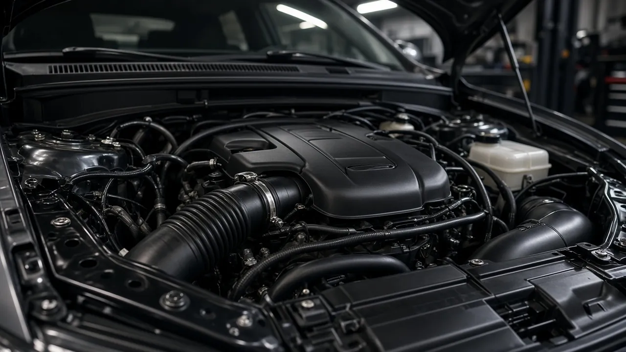 Engine bay of a car with the hood open (illustrative image)