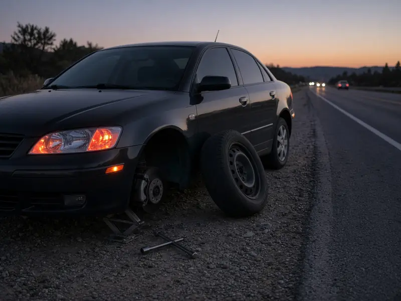 Roadside flat tire change at dusk (illustrative image)