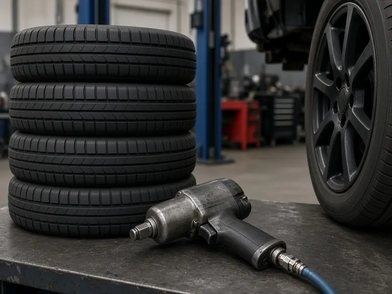 Stack of new tires beside an impact wrench (illustrative image)