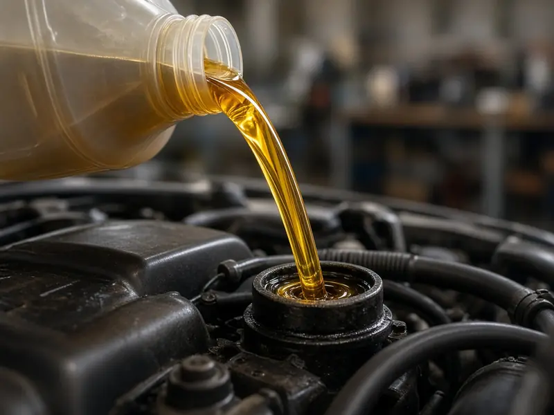 Fresh oil being poured during an oil change (illustrative image)