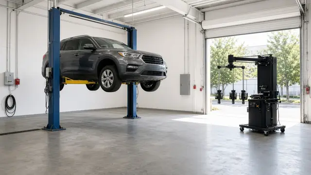 Bright service bay with an SUV on a lift (illustrative image)