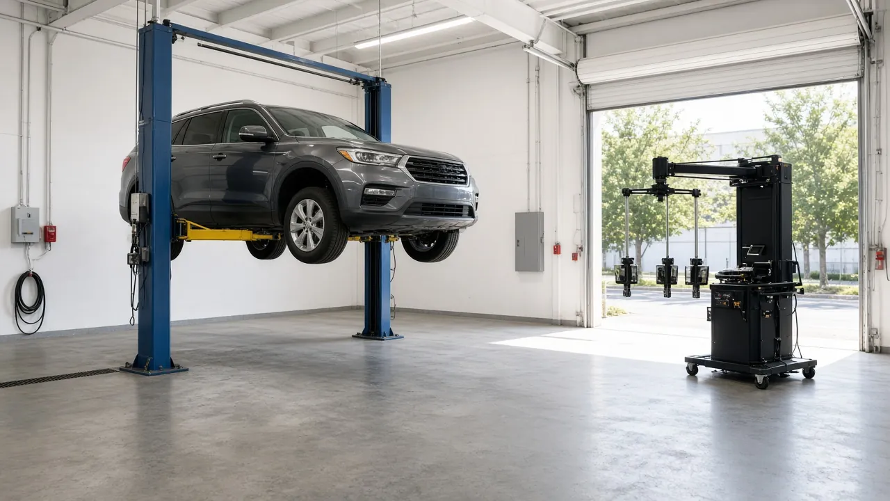 Bright service bay with an SUV on a lift (illustrative image)