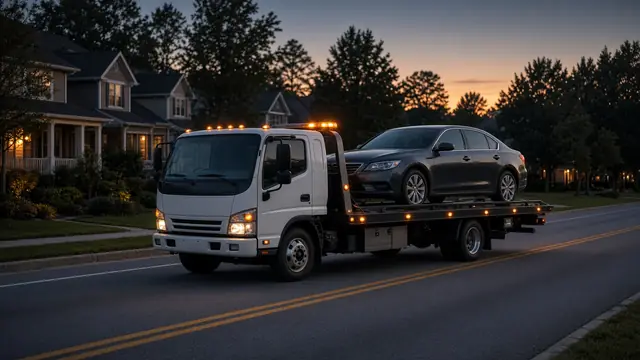 Flatbed tow truck carrying a car at dusk (illustrative image)