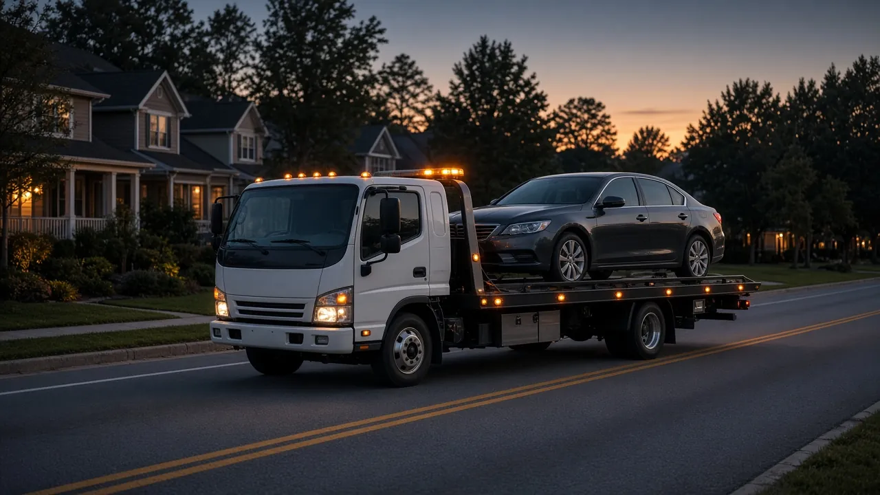 Flatbed tow truck carrying a car at dusk (illustrative image)