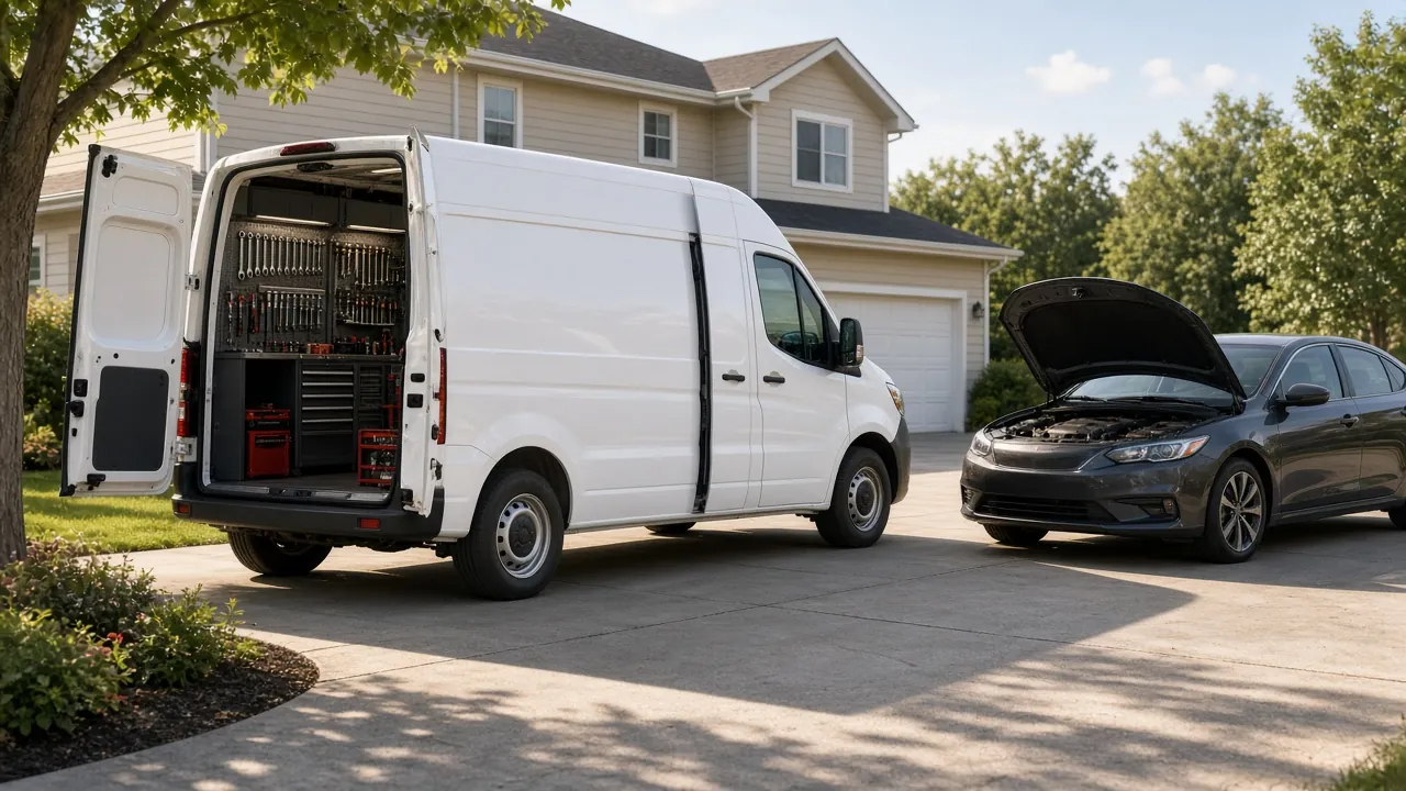 Mobile mechanic van parked in a driveway beside a car (illustrative image)