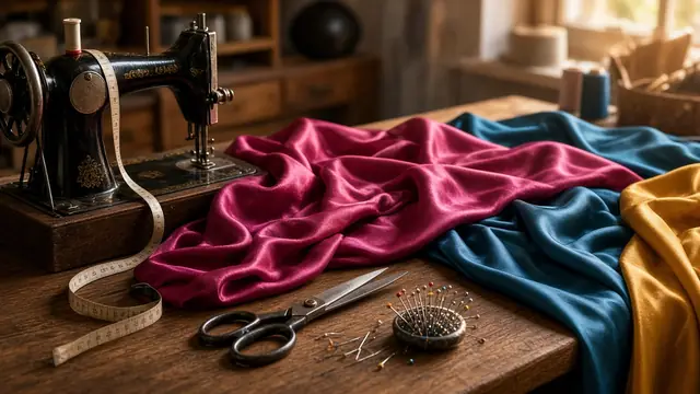 Sewing machine, silk fabric, scissors and measuring tape (illustrative image)
