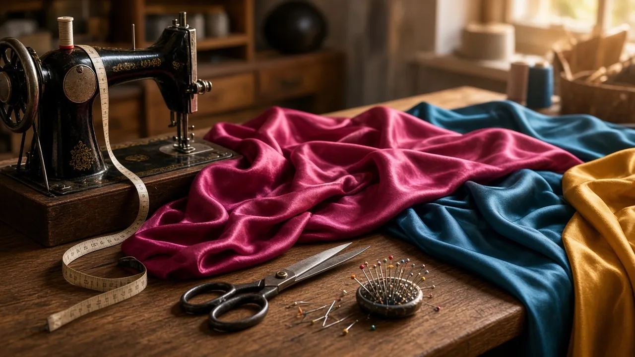 Sewing machine, silk fabric, scissors and measuring tape (illustrative image)