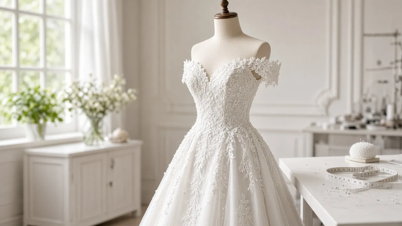 Lace wedding gown on a dress form in a studio (illustrative image)