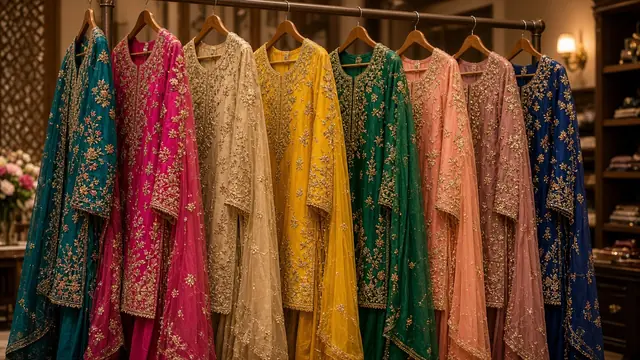 Embroidered party-wear suits on a boutique rack (illustrative image)
