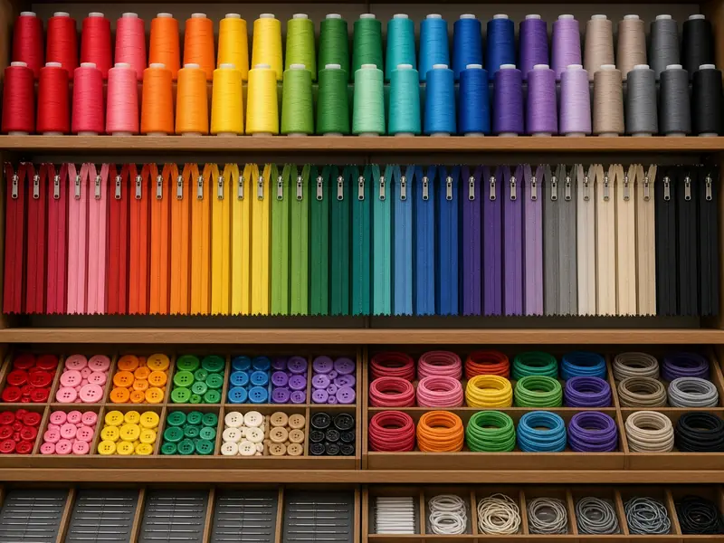 Thread spools, zippers, buttons and elastic on shelves (illustrative image)