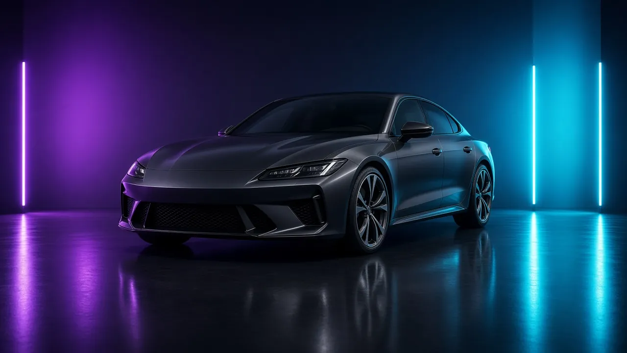 Sports sedan with dark tinted windows under neon light (illustrative image)