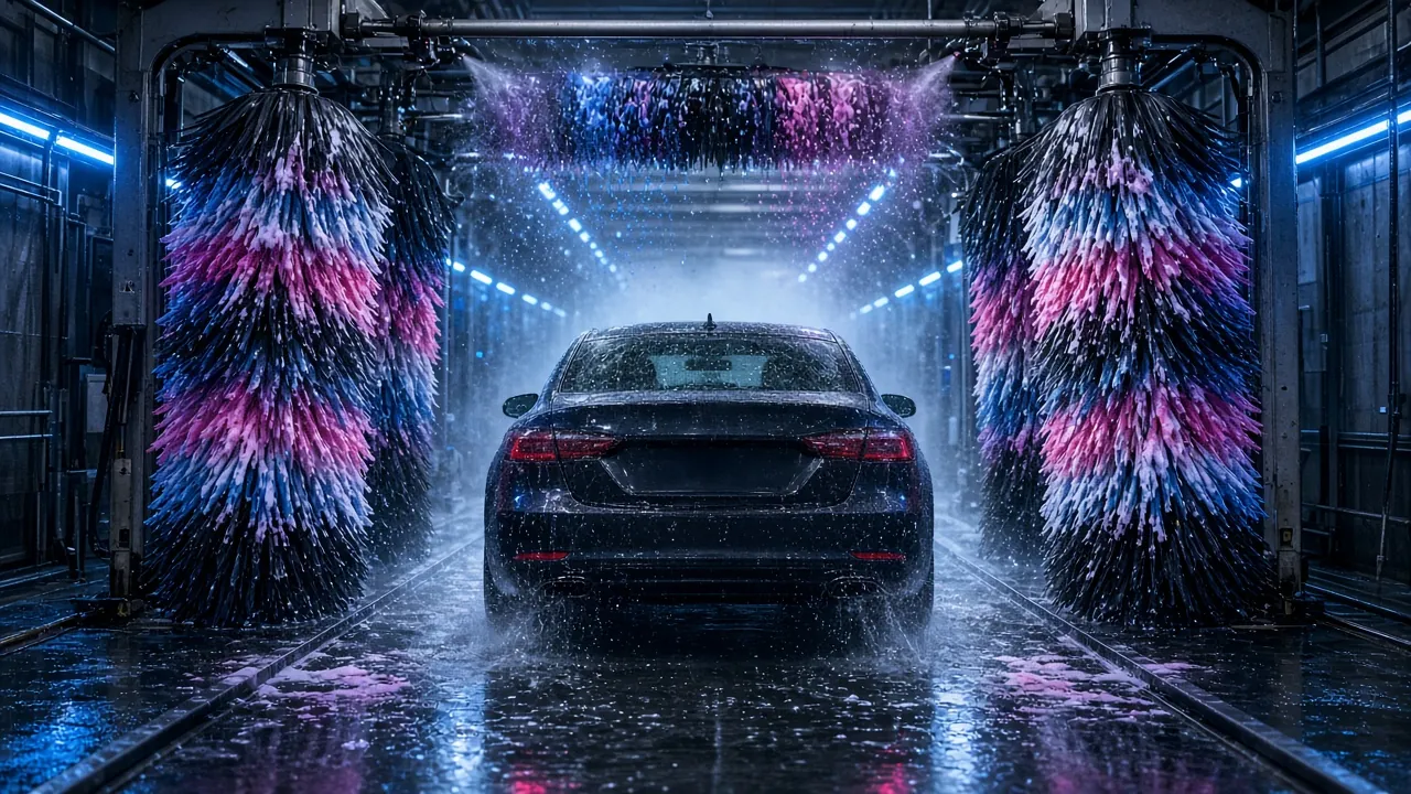 Car passing through a foam car wash tunnel (illustrative image)