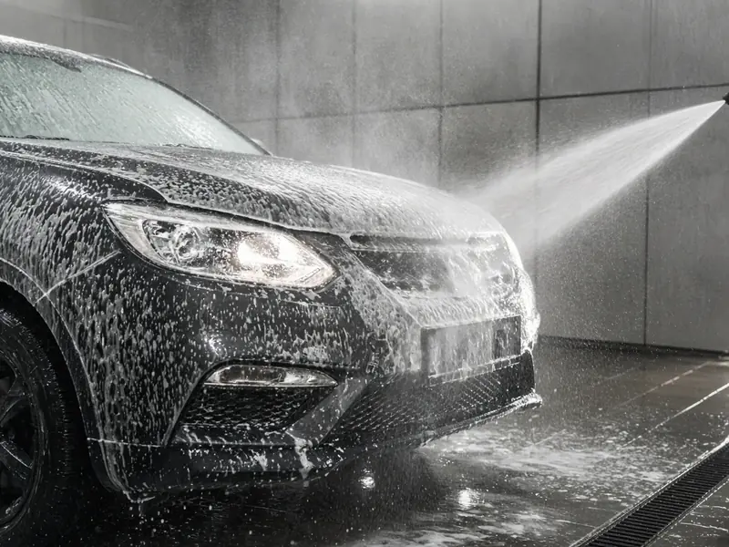 Pressure rinse on a soapy car (illustrative image)