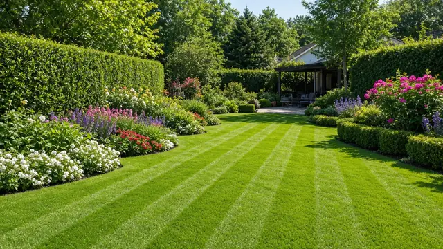 Freshly mowed striped lawn with trimmed hedges (illustrative image)