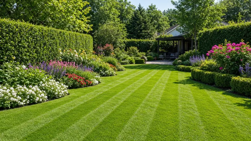 Freshly mowed striped lawn with trimmed hedges (illustrative image)