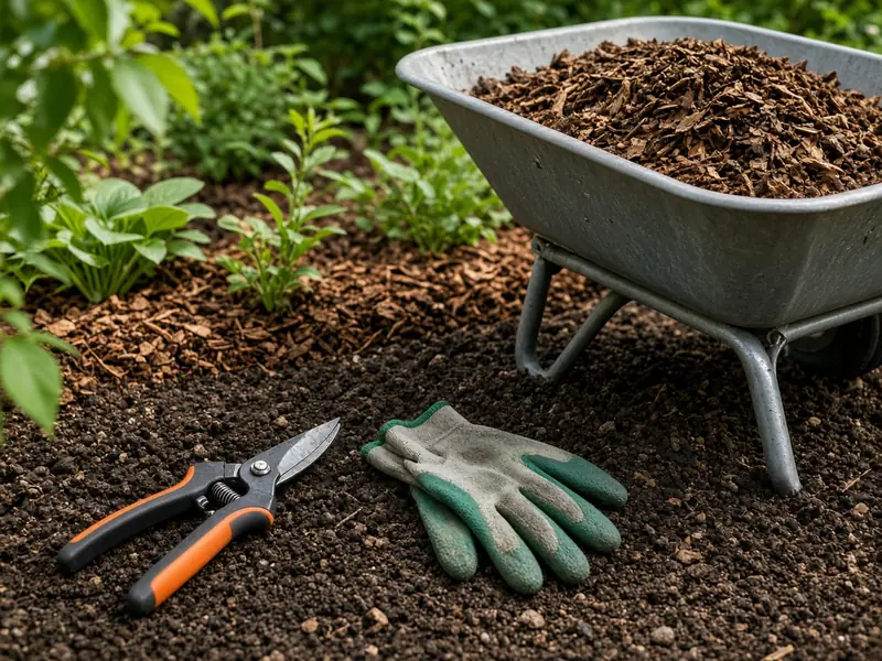 Pruning shears, gloves and a wheelbarrow of mulch (illustrative image)