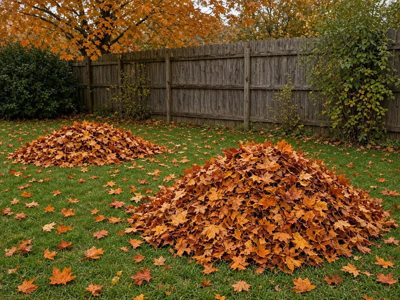 Raked piles of autumn leaves on a lawn (illustrative image)